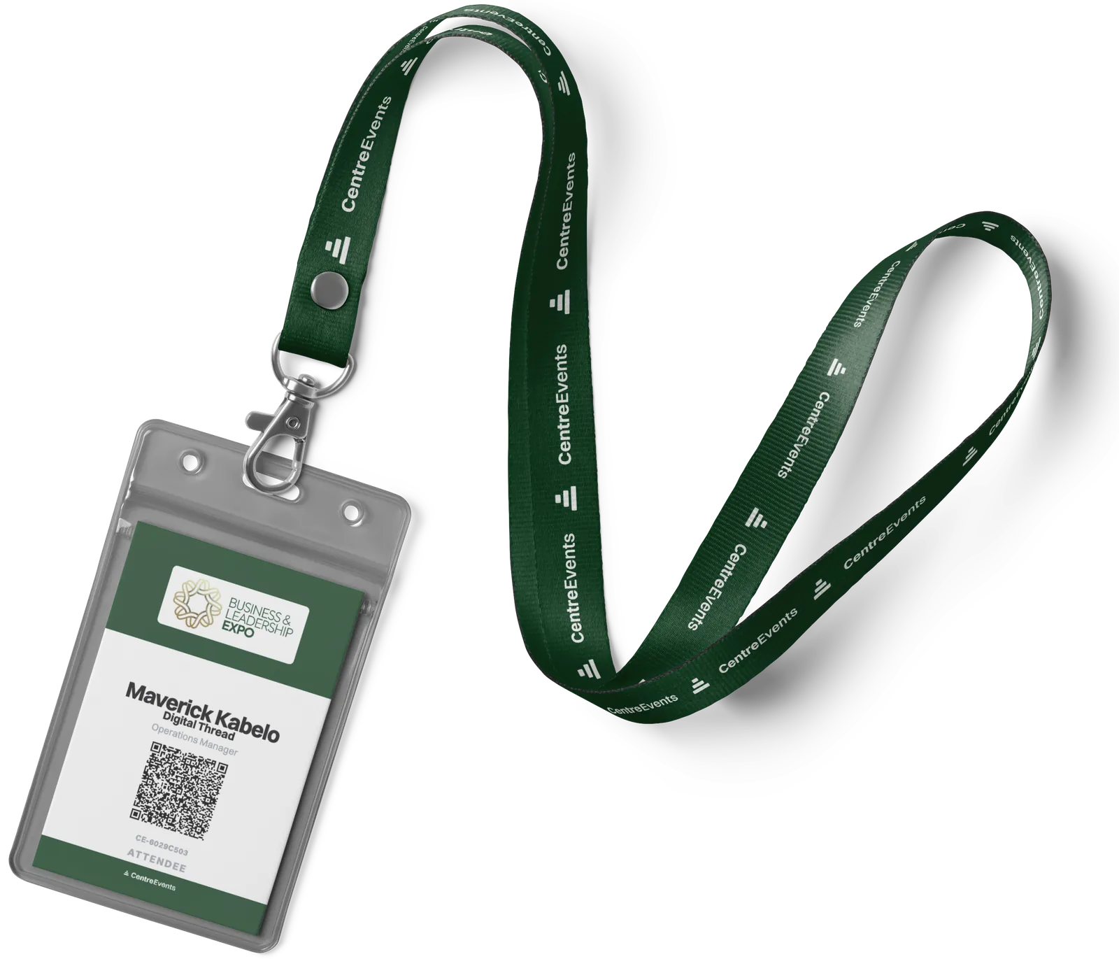 A CentreEvents-branded lanyard and event badge, printed with a guest name, role, company and QR code