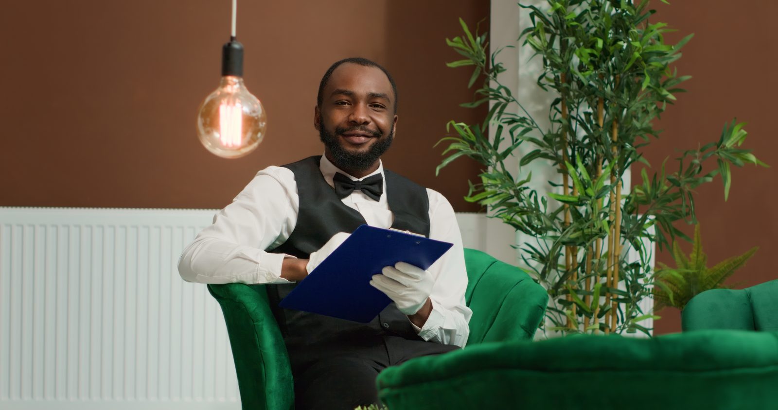 A venue host holding a clipboard in a bar lounge