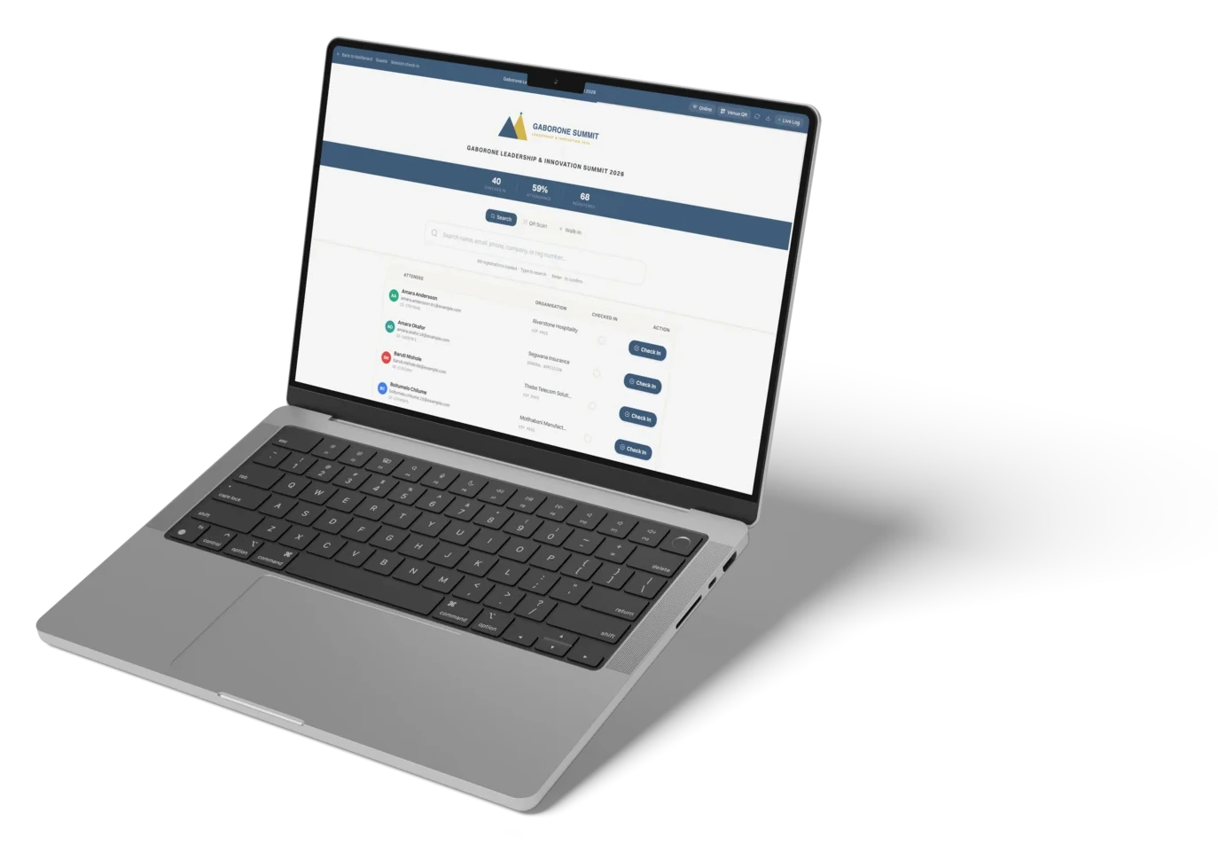 The check-in desk screen, showing attendee search and one-tap check-in on a laptop