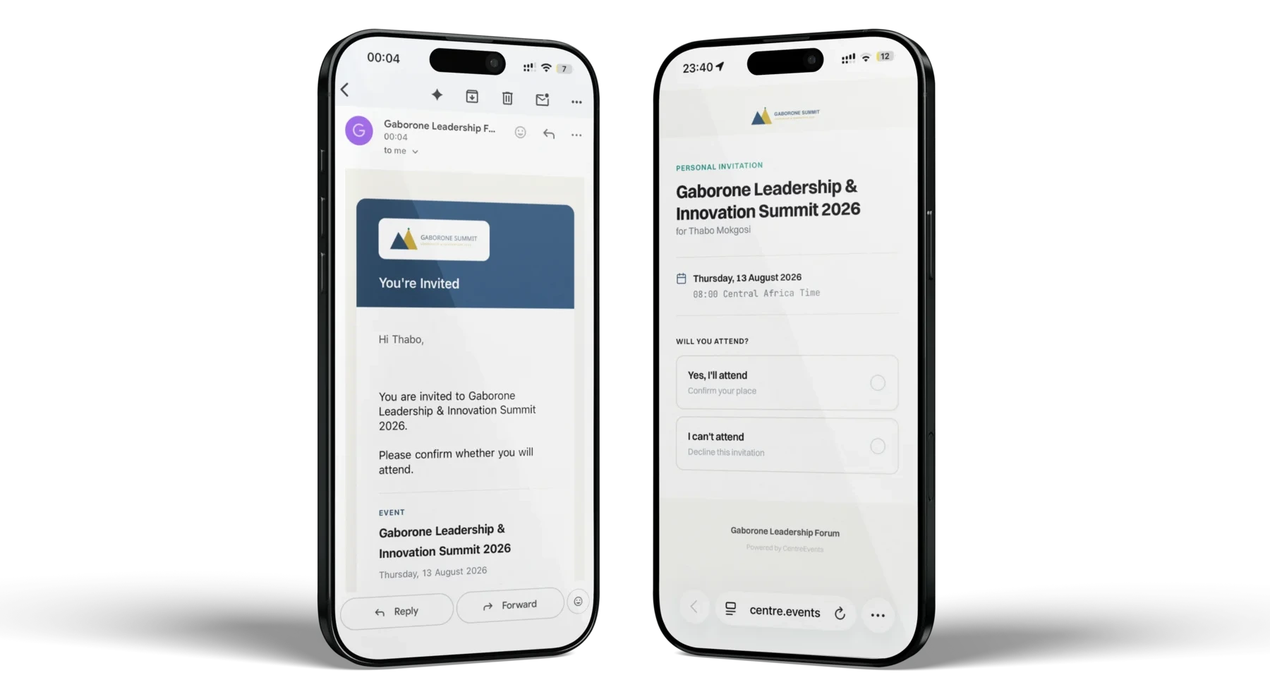 An event invitation email and its RSVP page on a phone, asking whether the guest will attend